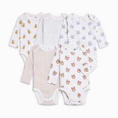 Organic Cotton Long Sleeve Printed Bodysuits (5 Pack)